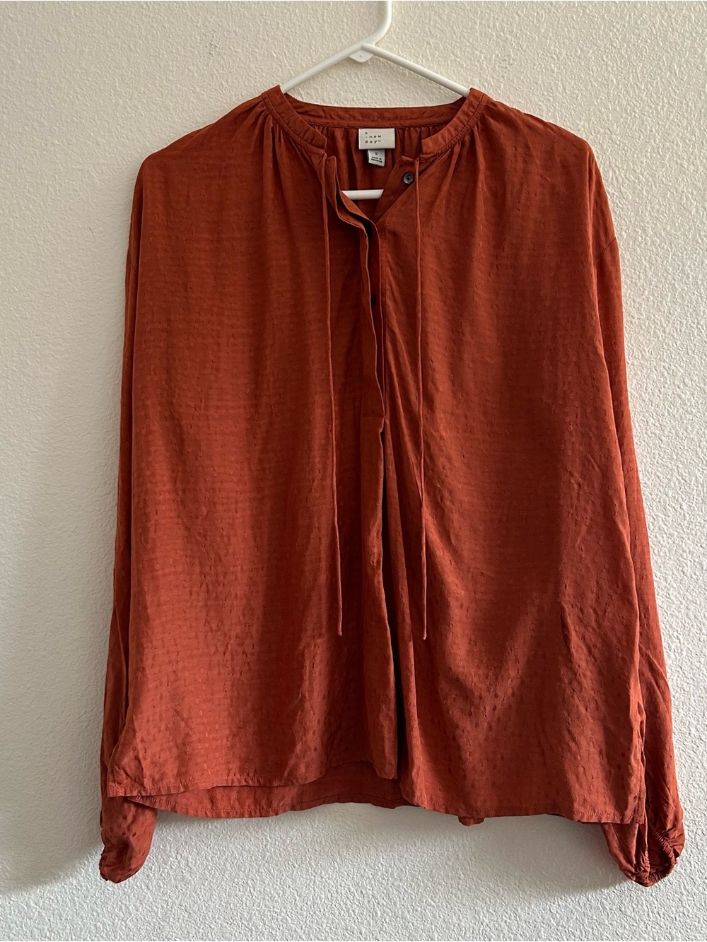 a new day burnt orange Tie-Neck Long-Sleeve Blouse
